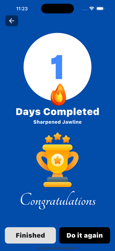 Interface de l'application célébrant un jour d'exercices de mâchoire terminés avec un trophée et une icône de feu