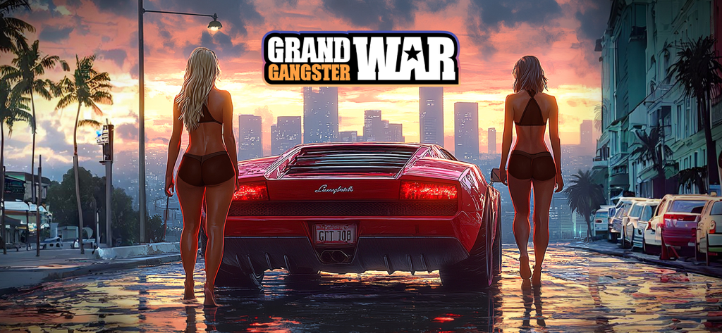 Grand Gangster War - Promotional artwork for Grand Gangster War featuring a red luxury sports car and two women on an urban city street at sunset