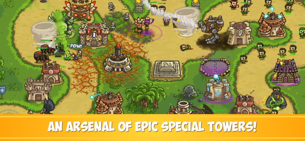 Kingdom Rush Frontiers TD - Gameplay screenshot of Kingdom Rush Frontiers showing various specialized defense towers and enemies in a fantasy battle