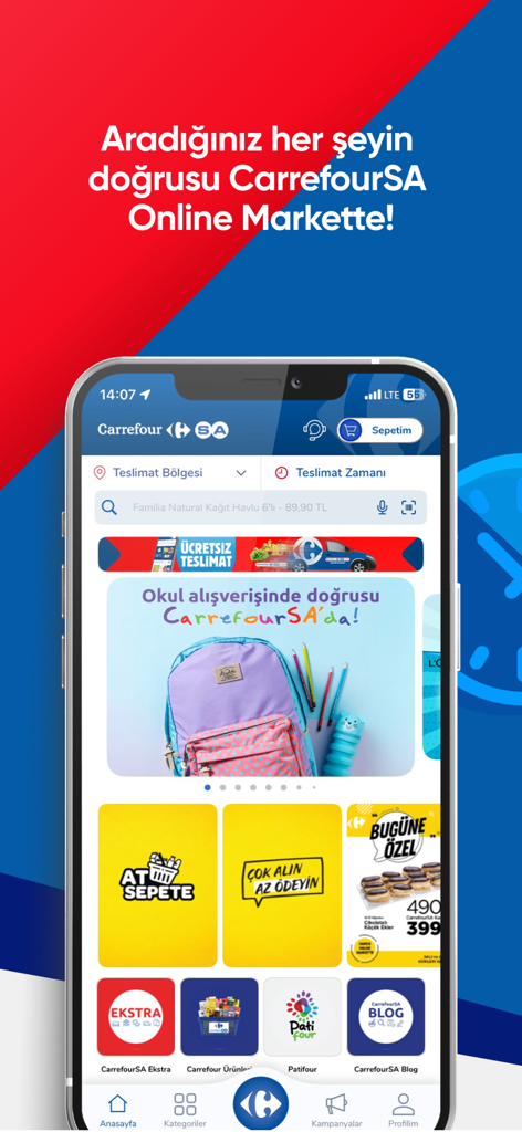 CarrefourSA Online Alışveriş - Homepage of the CarrefourSA Online Alisveris app showing back to school promotions and grocery categories on an iPhone screen.