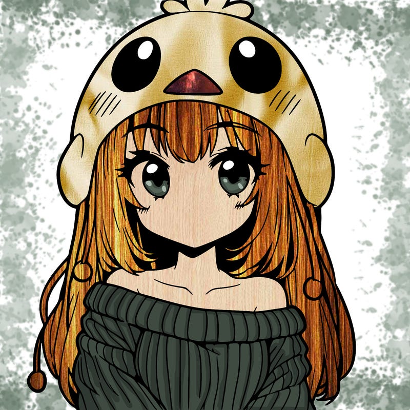 anime girl with chick shaped hat with sweater with bare shoulders with bangs covering them one eye with low tail