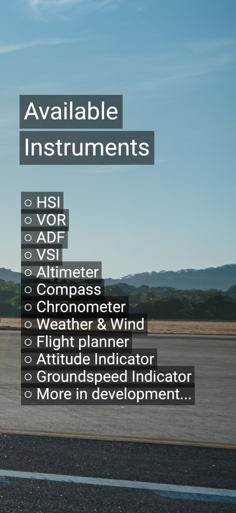 fDeck: flight instruments - Eine Liste der verfügbaren Luftfahrtinstrumente in der fDeck App, einschließlich HSI VOR und Höhenmesser über einem Flugplatzhintergrund.