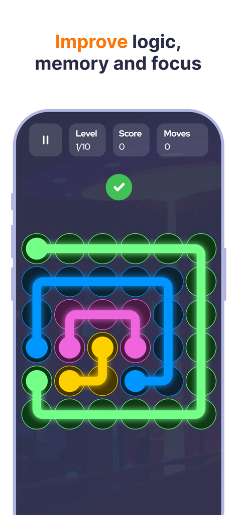 BrainBloom App-Screenshot, der ein farbenfrohes Logik-Puzzle-Spiel zur Verbesserung von Gedächtnis und Fokus zeigt