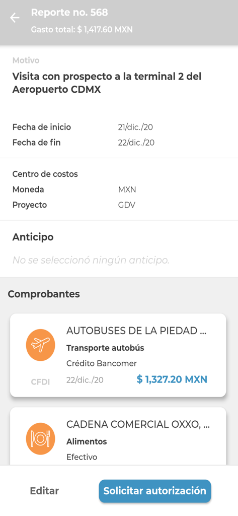 A detailed view of a business travel expense report in the Gastos de Viaje app featuring transport and food receipts from Mexico
