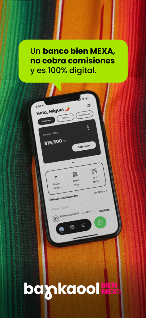 Bankaool Móvil - Smartphone displaying the Bankaool Movil digital banking app interface on a colorful Mexican serape background
