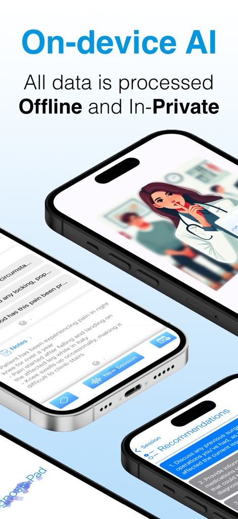 Diagnosis Pad - AI Doctor - La aplicación Diagnosis Pad destaca la IA privada en el dispositivo y el procesamiento de datos médicos sin conexión