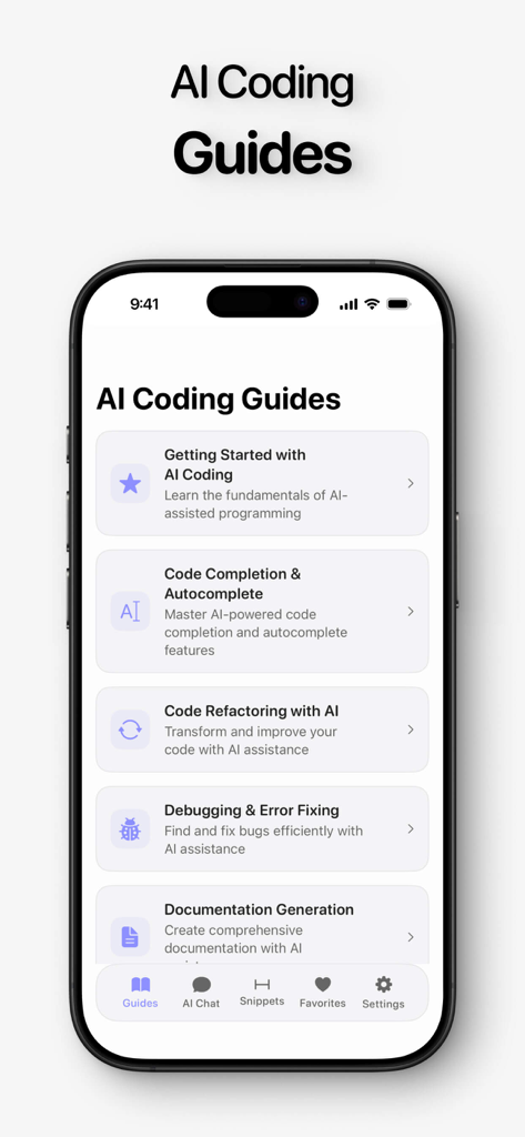 Rork Vibecode Guide app interface showing a list of AI coding topics like debugging and documentation