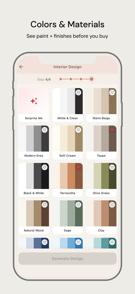 Archify: AI Home Design - Un écran d'application mobile intitulé Couleurs et Matériaux montrant une grille de différentes palettes de couleurs de design intérieur telles que Beige Chaud, Gris Moderne et Terre Cuite.