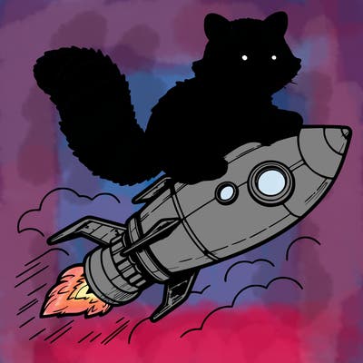 realistic raccoon flying on top rocket ship