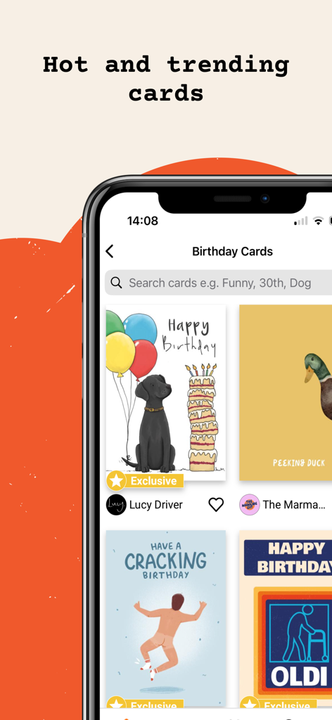 A mobile screen from the thortful app showcasing unique trending birthday card designs from independent creators.