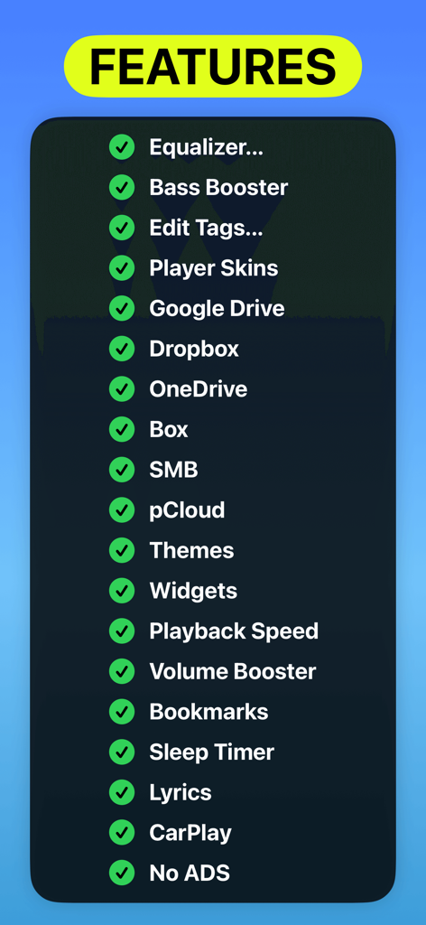 Anywhere - Music Player - Una lista de verificación de las características de Anywhere Music Player que incluyen Ecualizador, Amplificador de Graves, Integración en la Nube y soporte para CarPlay.