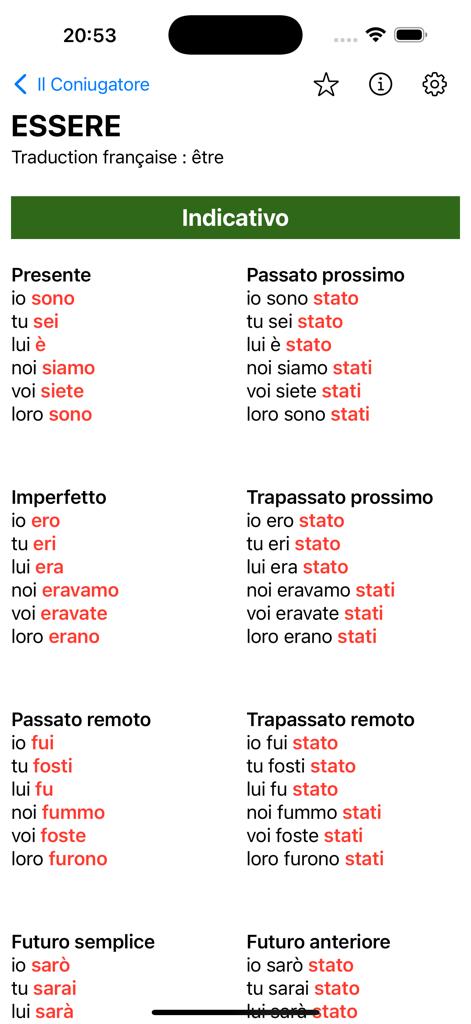 Il Coniugatore - A detailed table showing the Italian verb essere conjugated in multiple indicative tenses