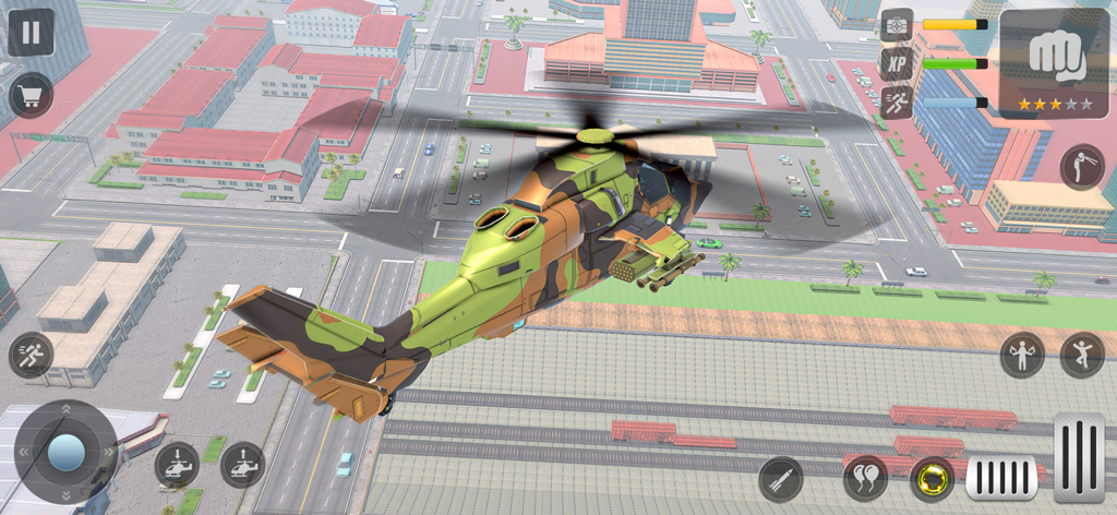 Vegas Gangster Shooting Games - Um helicóptero militar voando sobre uma cidade em Vegas Gangster Shooting Games.