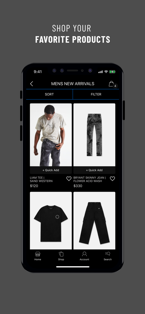RTA BRAND - RTA Brand app interface displaying the mens new arrivals collection featuring luxury streetwear pieces like graphic tees and skinny jeans