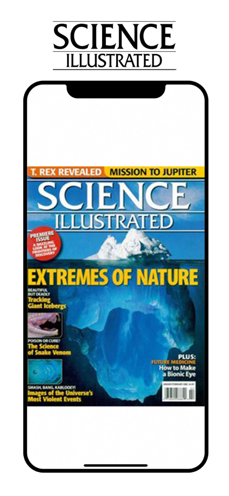 Science Illustrated - Science Illustrated mobile app showing a magazine cover about extremes of nature with an iceberg