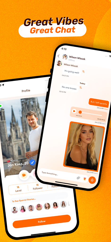 Cool Match: Voice & Video Chat - Interface of Cool Match app showing a chat conversation with voice notes and a user profile with level and follower counts