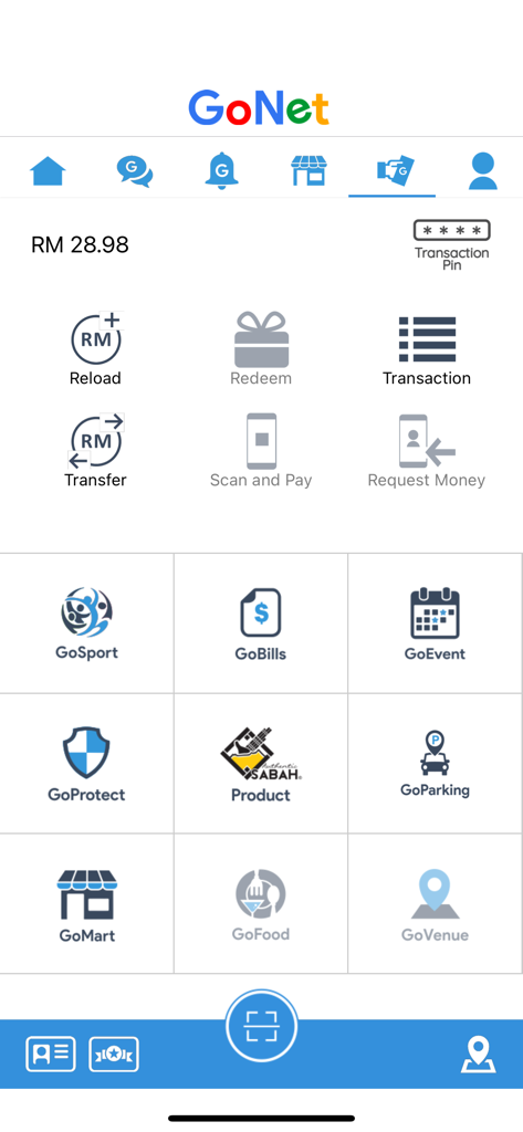 GoNet app main screen showing e-wallet features and service icons for sports bills and events