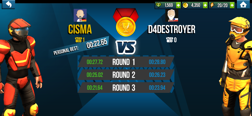 Trial Xtreme Legends - Dos pilotos personalizados compitiendo en un enfrentamiento cara a cara en Trial Xtreme Legends.