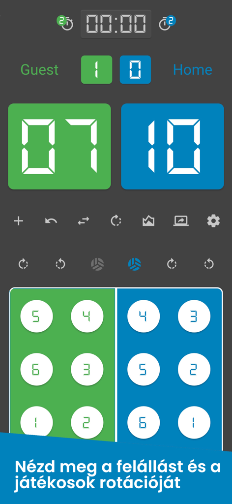 Digital volleyball scoreboard interface showing scores and player rotation lineups for two teams