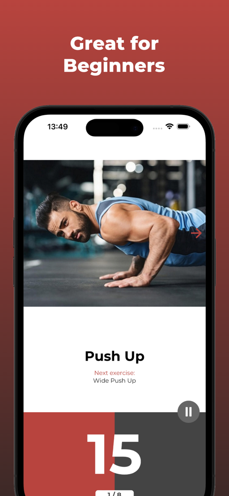 Interfaccia dell'app mobile che mostra un uomo che esegue un piegamento con un contatore di ripetizioni