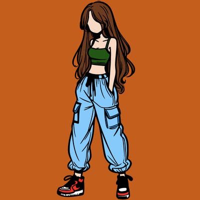 girl in baggy pants crop top and long hair