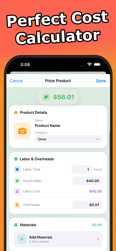 Craft Price Calculator - Interfaz de la aplicación Calculadora de Precios de Manualidades que muestra los costos de mano de obra y generales para un artículo hecho a mano