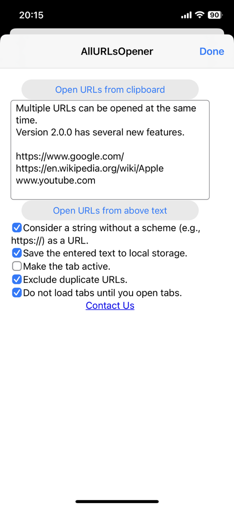 All URLs Opener for Safari - Interface of the All URLs Opener for Safari extension showing options to open multiple links from text or clipboard