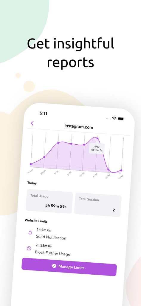 StayFree app dashboard displaying insightful usage reports and website limits for Instagram