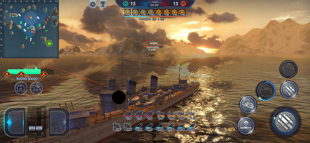 King of Warship: 10v10 Battle - Vista do jogo de um navio de guerra histórico ao pôr do sol com controles táticos em King of Warship Batalha 10v10