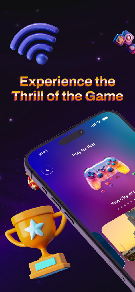Real Plinko Online Mobile App-Oberfläche mit dem Text Experience the Thrill of the Game mit einem goldenen Pokal- und Spielecontroller-Symbol.