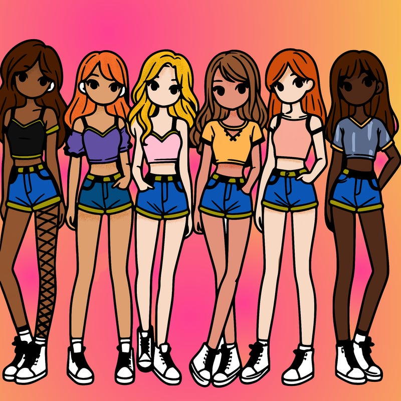 a group of girls wearing crop tops and shorts