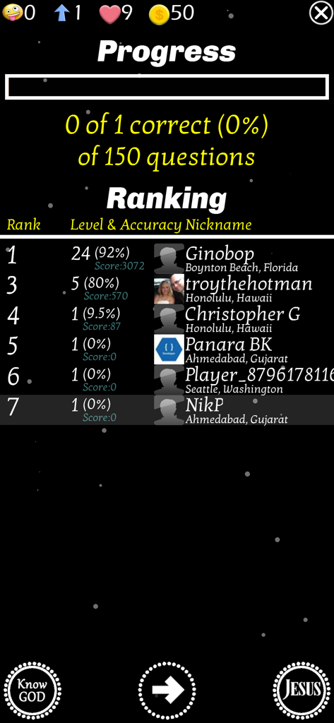 Bible Basics Trivia Quiz Game leaderboard and progress screen showing player rankings.