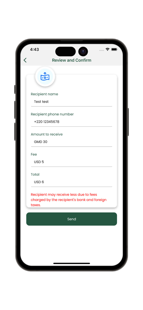 SIKACASH+ - Review and confirm screen for a money transfer in the SIKACASH plus mobile app.