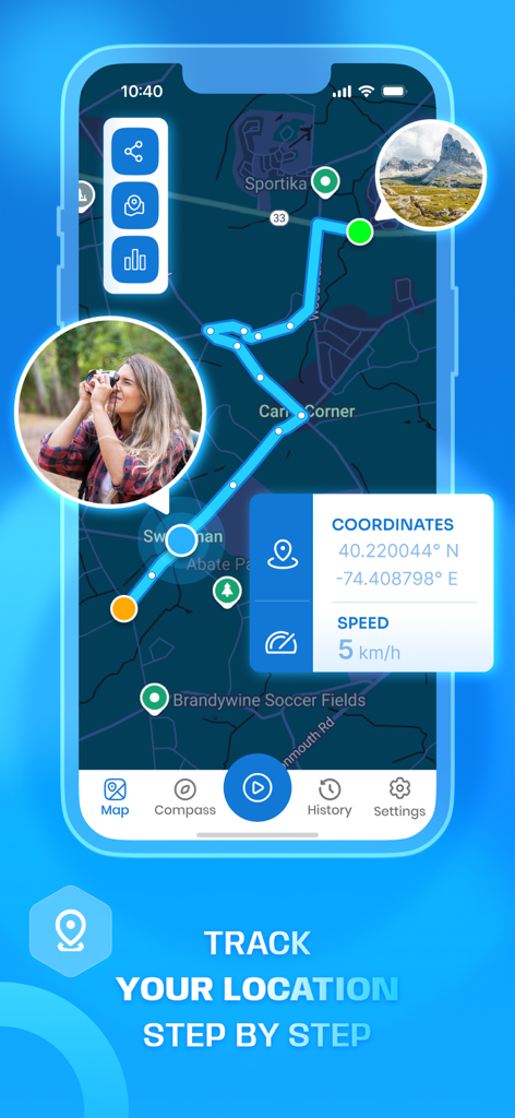 Altimeter Ultra: GPS & Compass - Mobile app interface showing GPS route tracking with coordinates and speed statistics