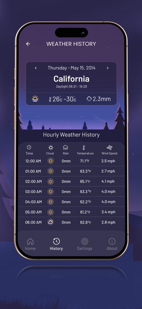 Historical weather history screen showing hourly temperature and wind speed for a specific date in California