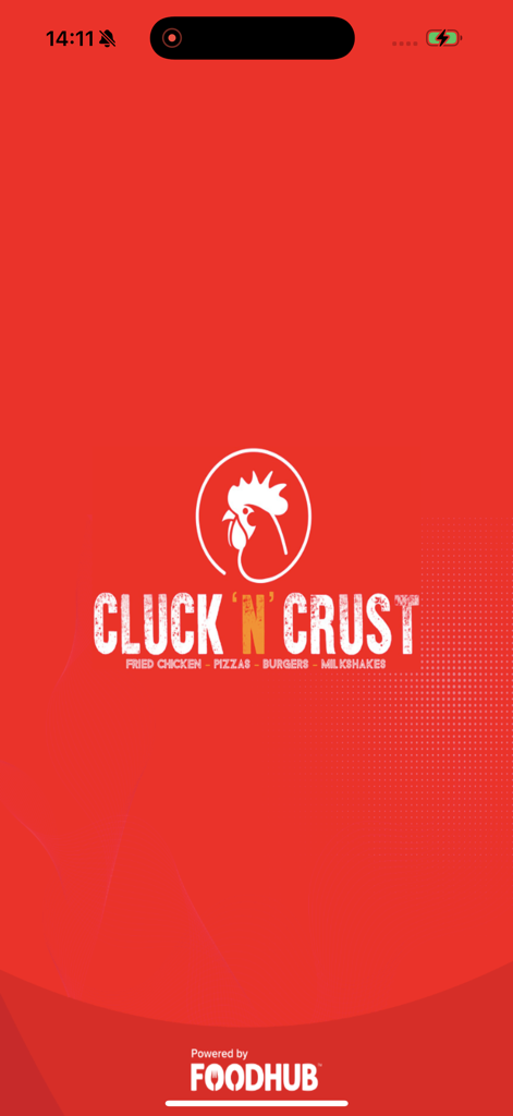 Cluck N Crust. - Cluck N Crust mobile app splash screen featuring a white chicken logo on a red background with food categories including fried chicken, pizzas, and burgers.
