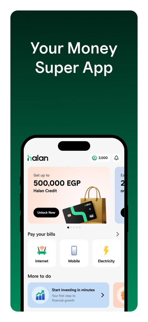 Halan: Lending, BNPL, Payments - Halan mobile app interface showing credit services, bill payments for utilities, and investment options.
