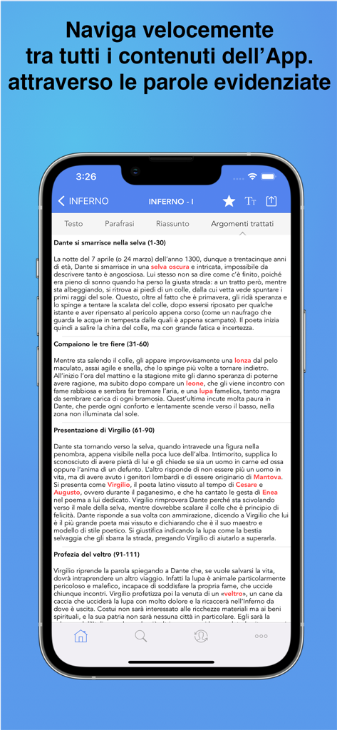 Divina Commedia - Divina Commedia app interface showing Inferno Canto I topics with highlighted keywords for quick navigation.