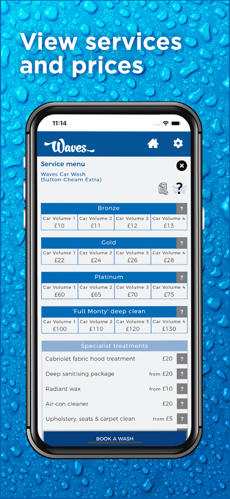 Waves Car Wash - Bronze、Gold、Platinumの洗車メニューと価格が表示されたWaves Car Washアプリのサービスメニュー