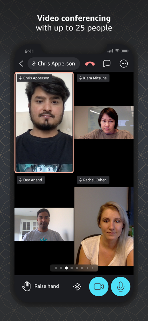 Video conferencing interface on the Amazon Chime mobile app showing a group call with meeting controls