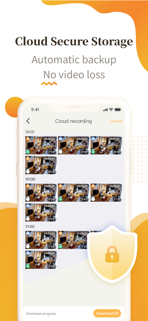 Casacop - Casacop mobile app interface showing secure cloud storage and automatic video recording backup history