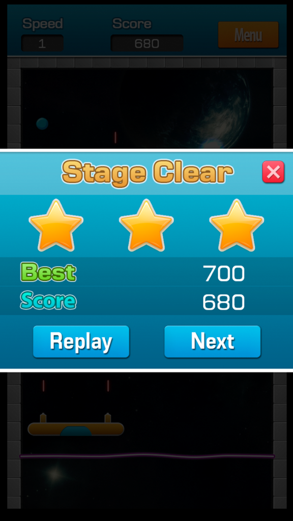 Brick Breaker Classic 2016 - Ultimate Revolution - Brick Breaker Classic 2016 stage clear screen showing three stars and level score.