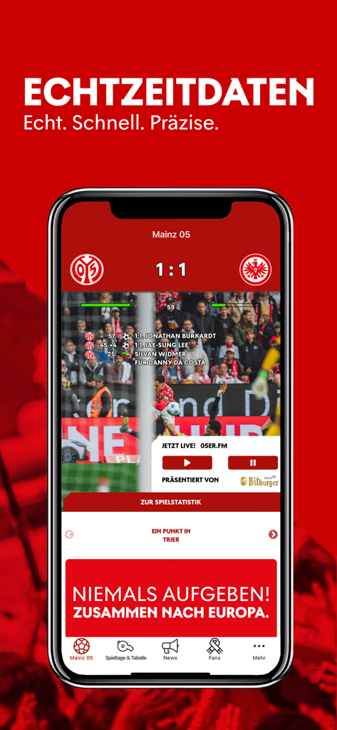 Interface do aplicativo oficial do Mainz 05 exibindo placar ao vivo e estatísticas do jogo em tempo real