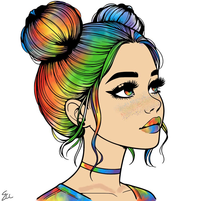 realistic girl with buns on the top of her head