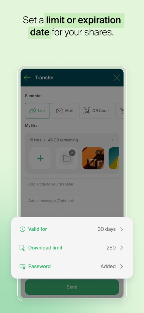 Infomaniak SwissTransfer - Interfaccia dell'app SwissTransfer che mostra le impostazioni per la scadenza dei file e i limiti di download.