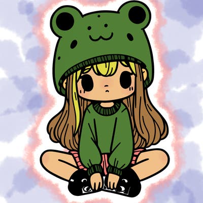 a girl wearing a frog hat and some frog socks