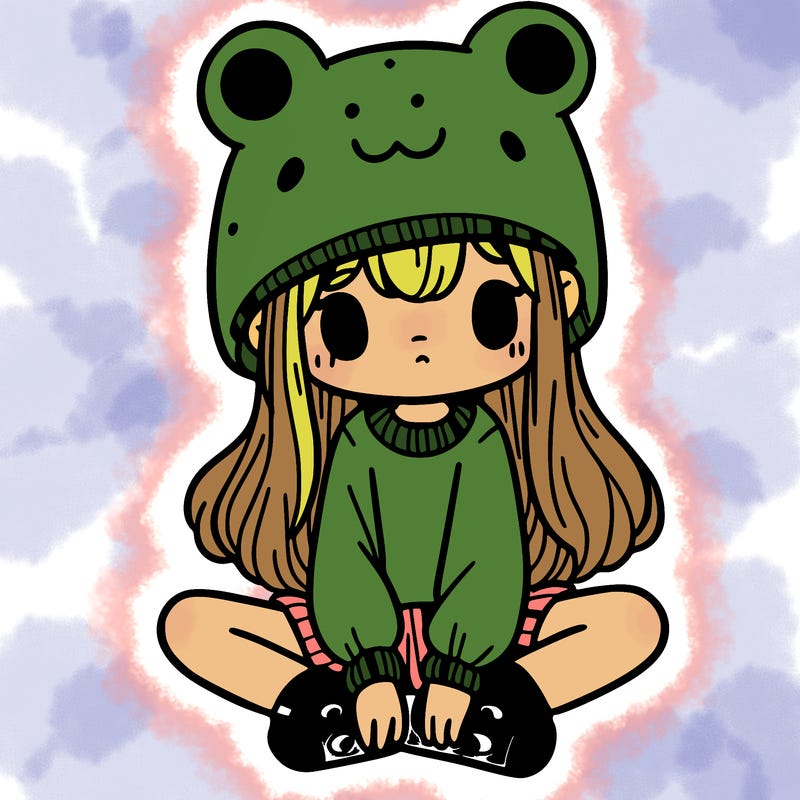 a girl wearing a frog hat and some frog socks