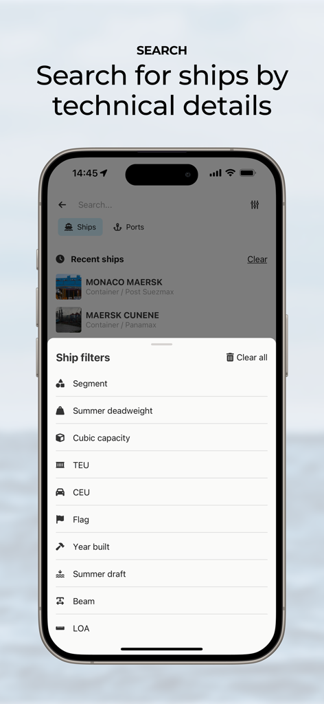 Schermata dell'app ShipAtlas che mostra filtri di ricerca tecnici per navi come portata lorda e TEU.