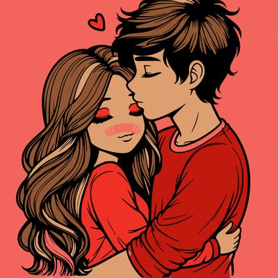 a realistic couple boy and girl hugging and kissing