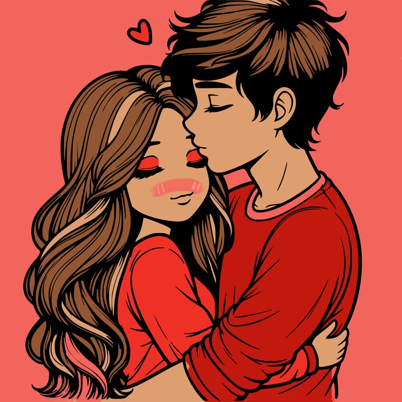a realistic couple boy and girl hugging and kissing